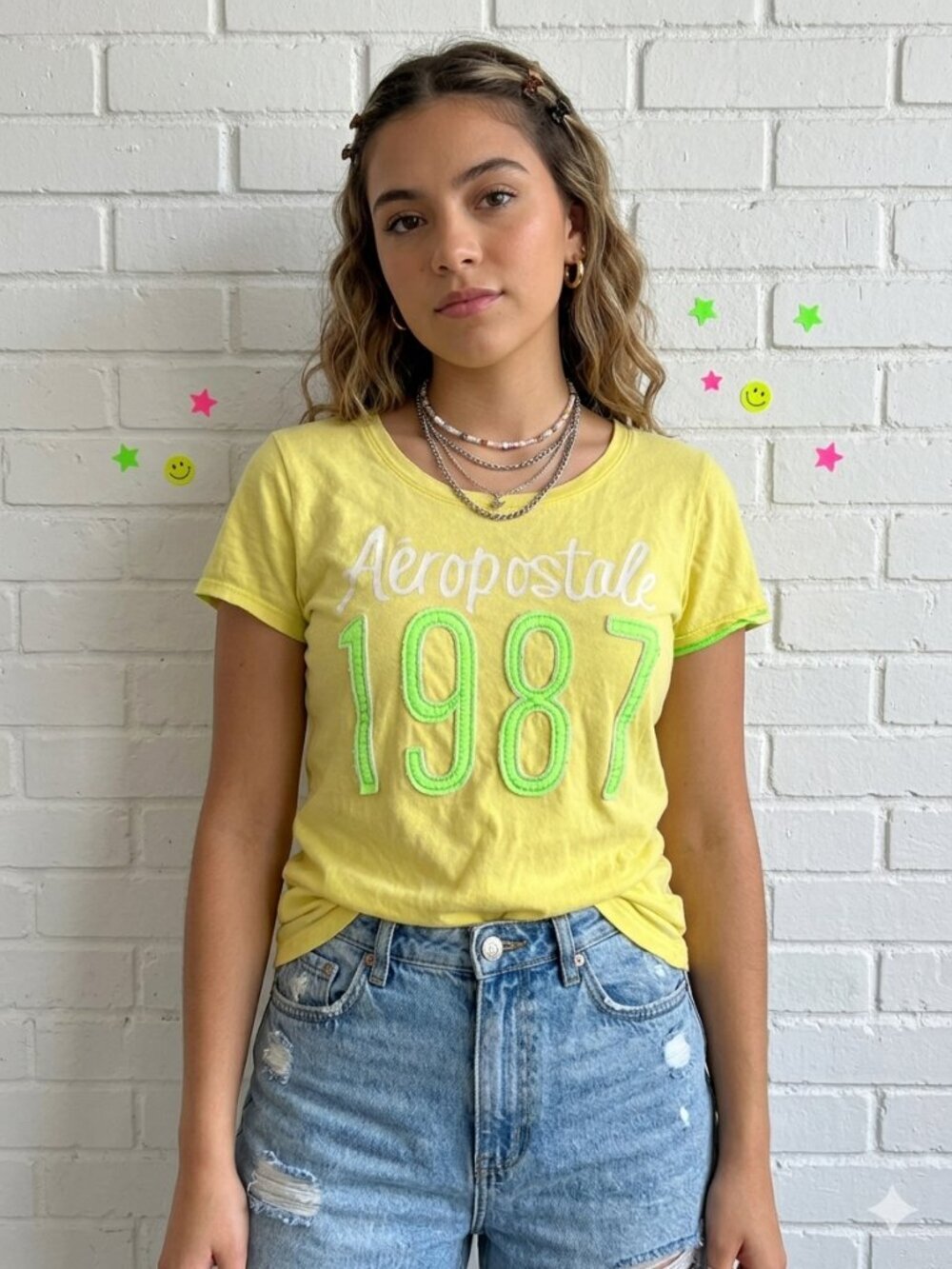 Aeropostale Y2K Lemon Yellow Neon 1987 Graphic Tee Shirt Size L